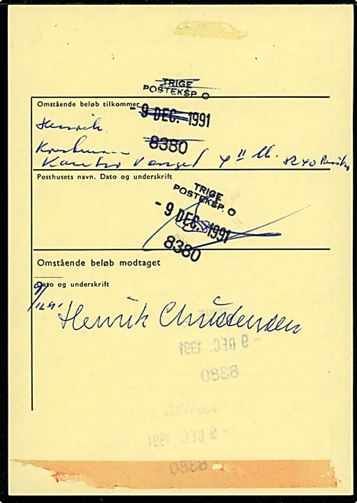 3,50 kr., 4,75 kr. Margrethe, 10 kr. og 25 kr. (2) Rigsvåben på A-post Værdibrev med 5000 kr. fra Trige d. 3.12.1991 til Coralville, USA. Postalt forseglet. Brevet returneret med godtgørelsesattest - F 35 (8-79 A6) på 67,75 kr. for både porto og gebyr for forsegling, da der ikke kan sendes værdibrev til USA. Interessant forsendelse.