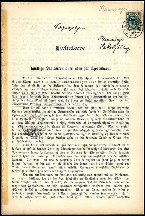 4 øre Tofarvet omv. rm. single på Cirkulære fra Ministeriet for Kirke- og Undervisningsvæsenet stemplet Maribo d. 2.5.1900 til Sognepræsten i Slemminge pr. Sakskjøbing.