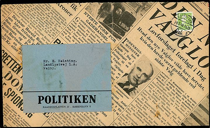 15 øre Chr. X single på lokalbrev fremstillet af avispapir fra dagbladet Politiken i København d. 28.5.1948 til Valby. Fold med rift.