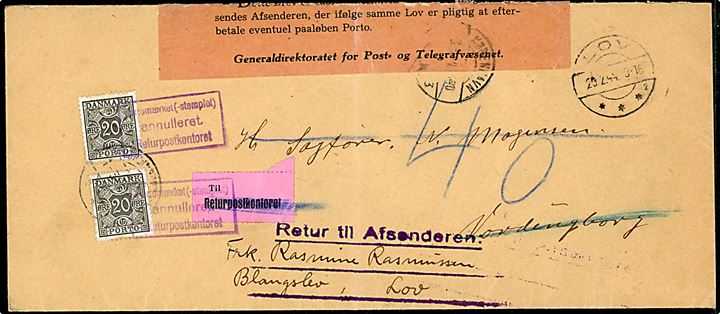 Ufrankeret brev fra Lov d. 20.2.1944 til Vordingborg. Udtakseret i porto med 20 øre (2) Portomærke. Retur via Returpostkontoret som Modtagelse Nægtet og herfra returneret til Blangslev pr. Lov. Lukkeoblat fra brevåbningskontoret og rammestempel Portomærket (-stemplet) annulleret. Returpostkontoret