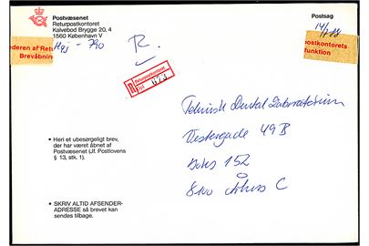 Postsag sendt anbefalet fra Returpostkontoret d. 14.7.1988 med ubesørgeligt brev der har været åbnet af postvæsenet til Århus. 