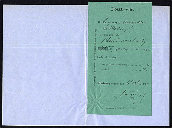 Postbevis for afsendelse af 25 Rd. i brev fra Skanderborg d. 6.12.1870 til Kommunalbestyrelsen i Silkeborg. Ingen angivelse af porto - men derimod betalt 2 sk. kontant. Vedhæftet brev.