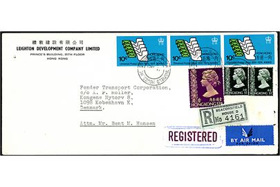 10 c. UPU (3-stribe), 1$ (par) og 1,30$ Elizabeth på anbefalet luftpostbrev fra Baconfield House Hong Kong d. 11.11.1974 til København, Danmark.