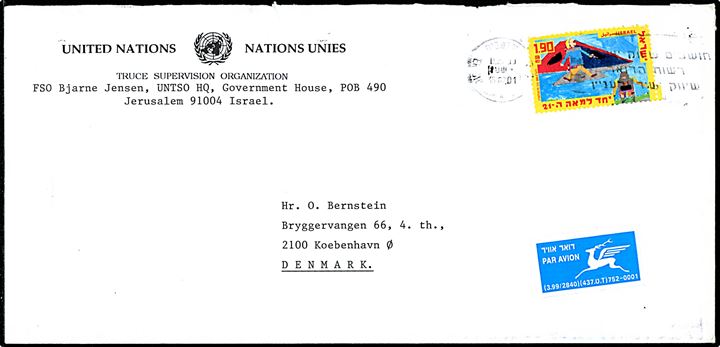 1,90 på fortrykt luftpostbrev fra United Nations Truce Supervision Organization i Jerusalem d. 15.2.2001 til København. Sendt fra dansk officer ved UNTSO Hq.