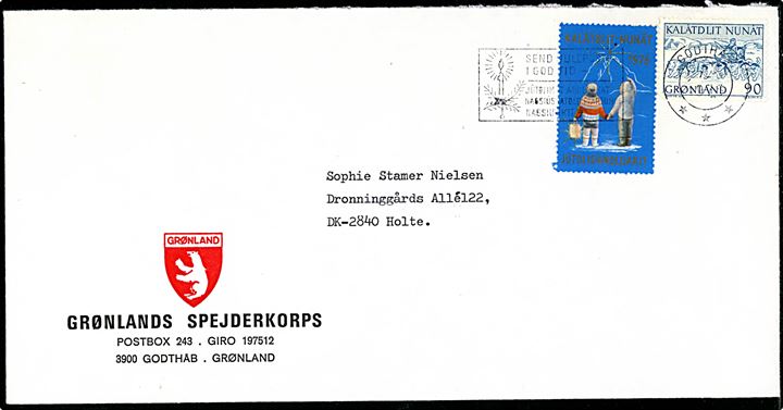 90 øre Postbefordring og Julemærke 1975 på fortrykt kuvert fra Grønlands Spejderkorps fra Godthåb d. 27.11.1975 til Holte, Danmark.