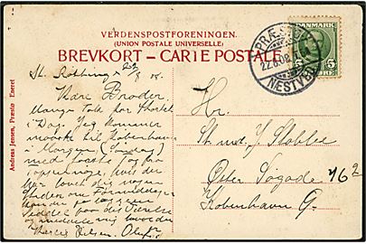 5 øre Fr. VIII på brevkort annulleret med bureaustempel Præstø - Næstved T.5 d. 22.8.1908 til København.