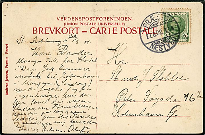 5 øre Fr. VIII på brevkort annulleret med bureaustempel Præstø - Næstved T.5 d. 22.8.1908 til København.