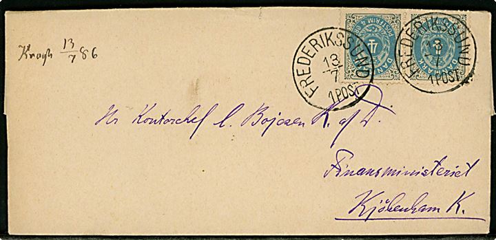 4 øre Tofarvet i parstykke på brev med indhold annulleret med lapidar Frederikssund d. 13.7.1886 til Kontorchef Bojesen, Ridder af Dannebrog, Finansministeriet, Kjøbenhavn.