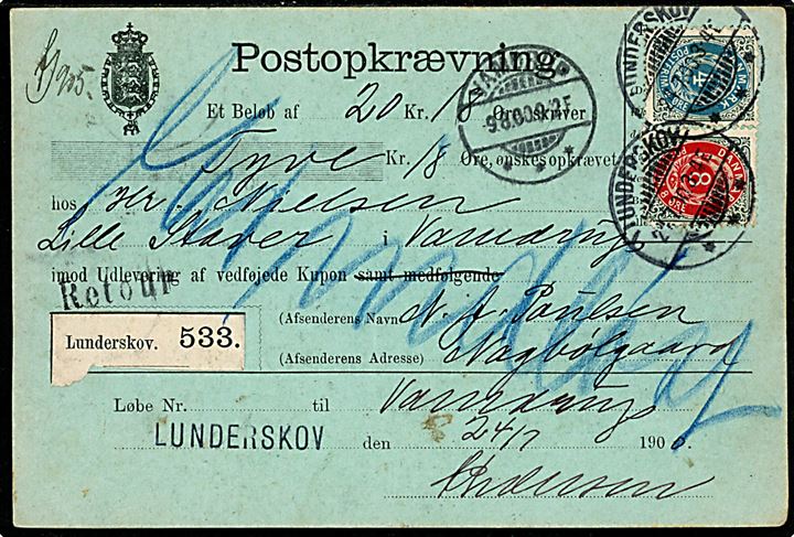 4 øre omv. rm. og 8 øre ret rm. Tofarvet på retur Postopkrævning fra Lunderskov d. 24.7.1900 til Vamdrup. Retur som Ei Indlöst med flere stempler.