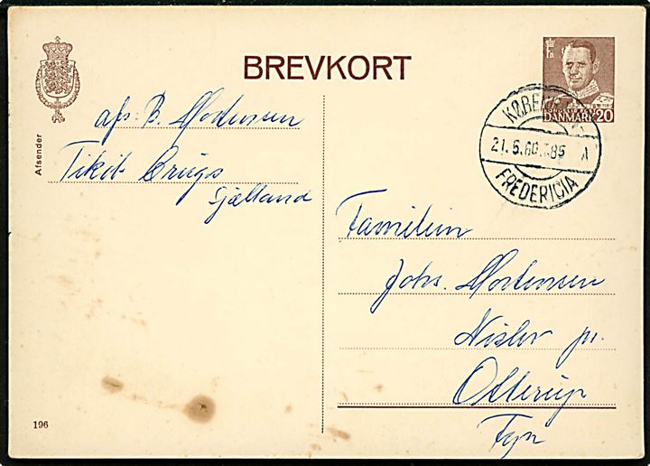 20 øre Fr. IX helsagsbrevkort fra Tikøb annulleret med bureaustempel København - Fredericia T.85A d. 21.5.1960 til Nislev pr. Otterup.