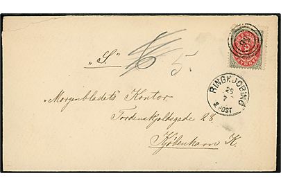 8 øre Tofarvet på brev annulleret med nr.stempel 56 og sidestemplet lapidar Ringkjøbing d. 25.7.1882 til Billet-Mrkt. S., Morgenbladets Kontor, Tordenskjoldsgade 28, København, K. Jf. Morgenbladet d. 13.7.1882 drejer Billet-Mrkt. S. sig om opslag af stilling som redaktør for et velstillet Venstreblad i Danmarks yndigste Egne. 