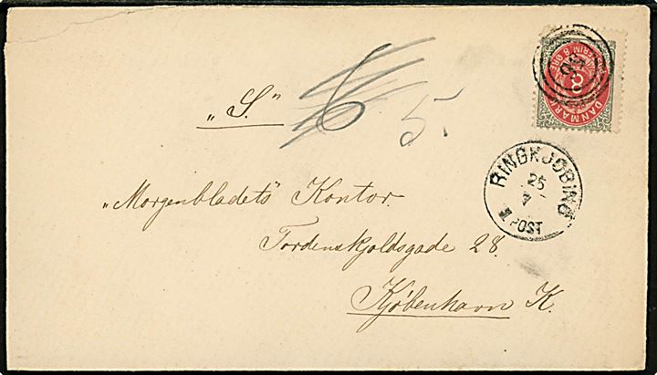 8 øre Tofarvet på brev annulleret med nr.stempel 56 og sidestemplet lapidar Ringkjøbing d. 25.7.1882 til Billet-Mrkt. S., Morgenbladets Kontor, Tordenskjoldsgade 28, København, K. Jf. Morgenbladet d. 13.7.1882 drejer Billet-Mrkt. S. sig om opslag af stilling som redaktør for et velstillet Venstreblad i Danmarks yndigste Egne. 