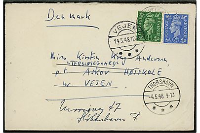 Britisk ½d og 2½d George VI på brev fra Treorchy d. 26.4.1948 til Askov Højskole pr. Vejen, Danmark - fejlsendt til Færøerne og transit stemplet brotype IIc Thorshavn d. 4.5.1948 og eftersendt fra vejen d. 14.5.1948 til København.