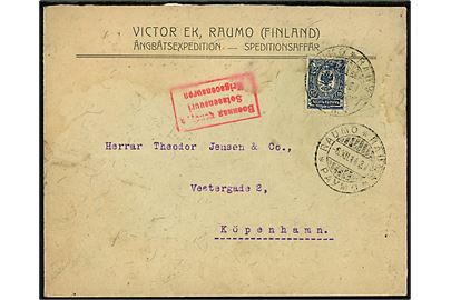 Russisk 10 kop. Våben på brev fra Victor Ek Ångbåtsexpedition i Raumo d. 6.12.1914 via Stockholm til København, Danmark. Rødt 3-sproget censurstempel.