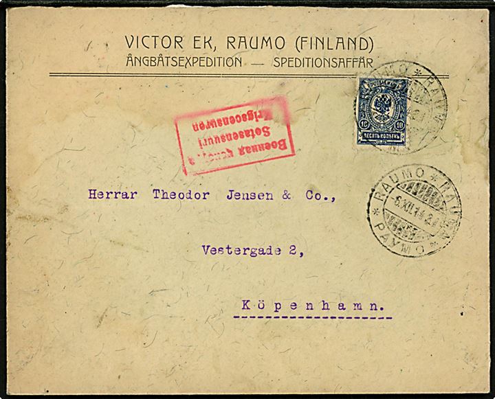 Russisk 10 kop. Våben på brev fra Victor Ek Ångbåtsexpedition i Raumo d. 6.12.1914 via Stockholm til København, Danmark. Rødt 3-sproget censurstempel.