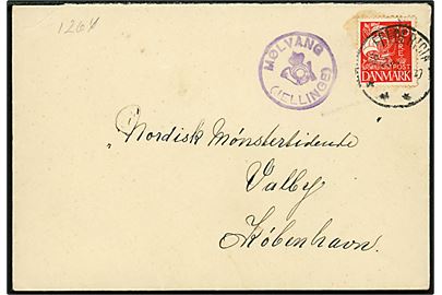 15 øre Karavel på brev annulleret Fredericia d. 18.12.1928 og sidestemplet med posthornstempel MØLVANG (JELLINGE) til København.