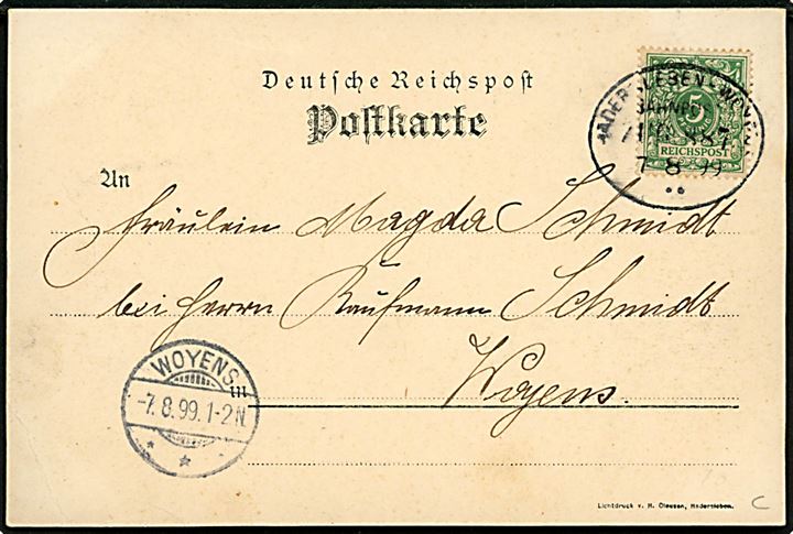 Haderslev. Nørregade. Med 5 pf. annulleret med bureau stempel Hadersleben - Woyens Zug 887 d. 07.08.1899 til Vojens. 