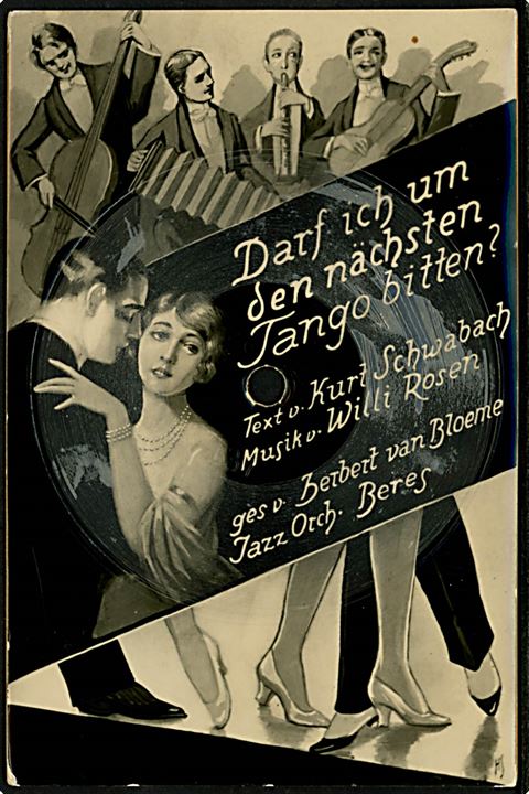 Darf ich um den nächsten Tango bitte?. Gramafonplade-postkort med Jazz Orchestra Beres Weco, Tonblid Postkarte no. 137. Frankeret med 15 pfg. Hindenburg fra Stuttgart d. 30.4.1931 til København, Danmark.