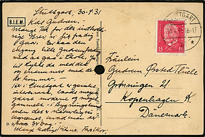 Darf ich um den nächsten Tango bitte?. Gramafonplade-postkort med Jazz Orchestra Beres Weco, Tonblid Postkarte no. 137. Frankeret med 15 pfg. Hindenburg fra Stuttgart d. 30.4.1931 til København, Danmark.