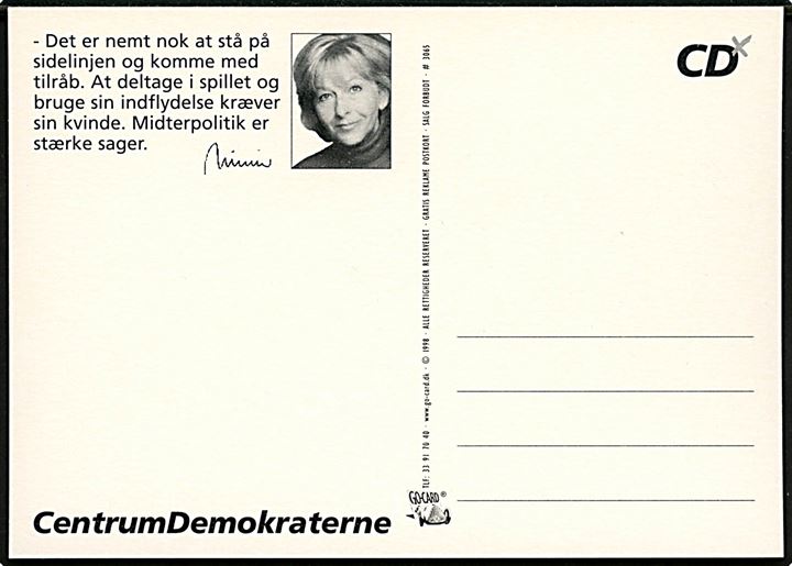 Centrumdemokraterne. Midterpolitik er stærke sager! Kan du også se det?. Go-Card no. 3065.