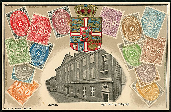 Aarhus, Frimærke-hilsen med prospekt af Kgl. Post- og Telegrafkontor. C.M.B. no. 770.