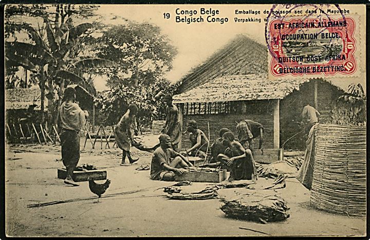 Belgisk Congo. 15 centimes helsags kort med motiv af en flok indfødte. 