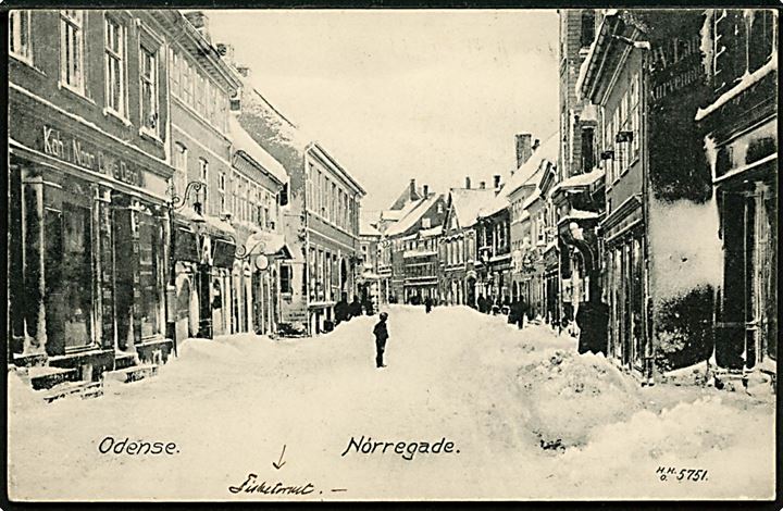 Odense. Nørregade i sne. Hans Hansen, Odense (H.H.O.) no. 5751. 