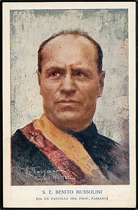 Tegnet kort af S.E. Benito Mussolini. 