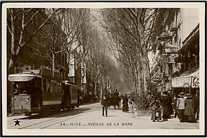 Frankrig, Nice. Avenue De La Gare med sporvogn. Fotokort. 