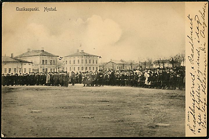 Nystad. Den gamle bydel med optog under Storstrejken i 1905. 