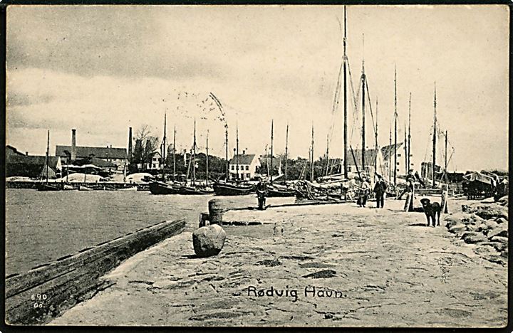 Rødvig, havn med sejlskibe. R. Thomsen u/no. Sendt ufrankeret fra Storehedinge d. 17.8.1911 til Herfølge. Udtakseret i 10 øre porto.