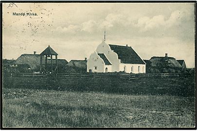 Mandø, kirke. Fotograf A. Lauritsen, Ribe u/no. Dateret på Manø d. 16.7.1926 med 2 øre og 10 øre Bølgelinie stemplet Ribe d. 17.7.1926 til Vejen.