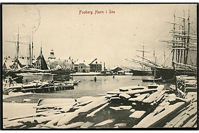 Faaborg, havnen med sejlskibe i sne. Warburgs Kunstforlag no. 8903.