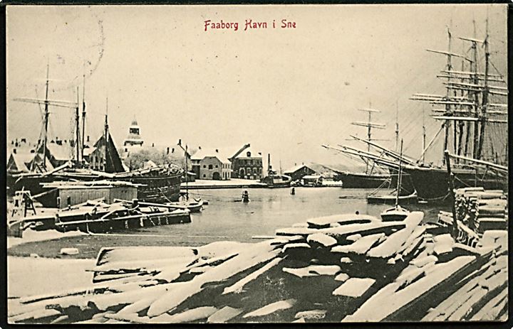 Faaborg, havnen med sejlskibe i sne. Warburgs Kunstforlag no. 8903.