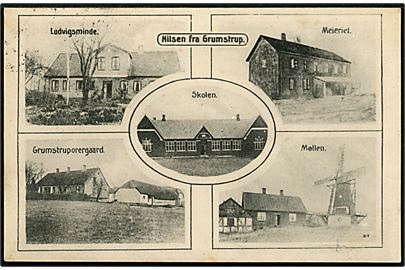 Grumstrup ved Hovedgaard, Hilsen fra med skole, Ludvigsminde, Mejeri, Grumstrupgaard og Mølle. H. Schmidt u/no.