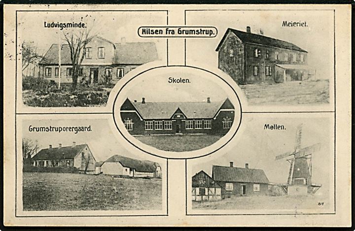 Grumstrup ved Hovedgaard, Hilsen fra med skole, Ludvigsminde, Mejeri, Grumstrupgaard og Mølle. H. Schmidt u/no.