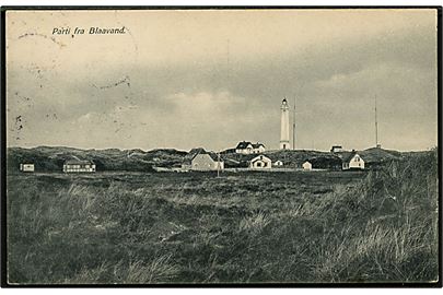 Blaavand, parti med fyrtårn. P. Poulsen u/no. Frankeret med 5 øre og 10 øre Bølgelinie annulleret med stjernestempel BLAAVAND og sidestemplet Oxbøl d. 8.8.1928 til Bergedorf, Tyskland.