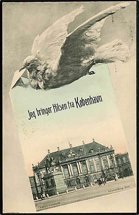 Købh., Jeg bringer en Hilsen fra København med prospekt af Amalienborg. Alex Vincents Kunstforlag no. 4027.