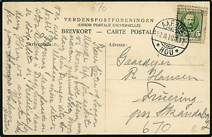 Malling, gadeparti. H. A. Ebbesen no. 670. Frankeret med 5 øre Fr. VIII annulleret bureau Aarhus - * Hou * T.11 d. 12.8.1910 til Skanderborg.