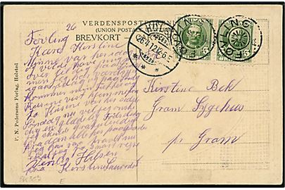 5 øre Fr. VIII i parstykke på brevkort (Gadeparti fra Holsted) annulleret med stjernestempel FØVLING og sidestemplet Holsted d. 26.4.1912 til Gram i Nordslesvig. 