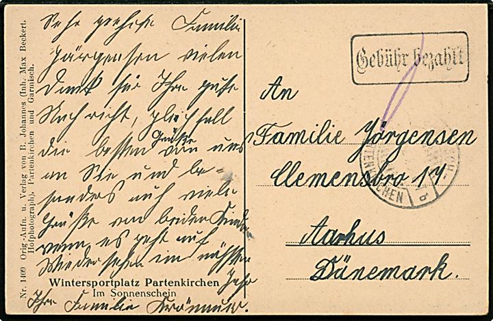 Rammestempel Gebühr bezahlt på infla brevkort fra Garmisch Partenkirchen d. ?.2.1923 til Aarhus, Danmark.