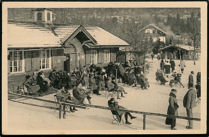 Rammestempel Gebühr bezahlt på infla brevkort fra Garmisch Partenkirchen d. ?.2.1923 til Aarhus, Danmark.