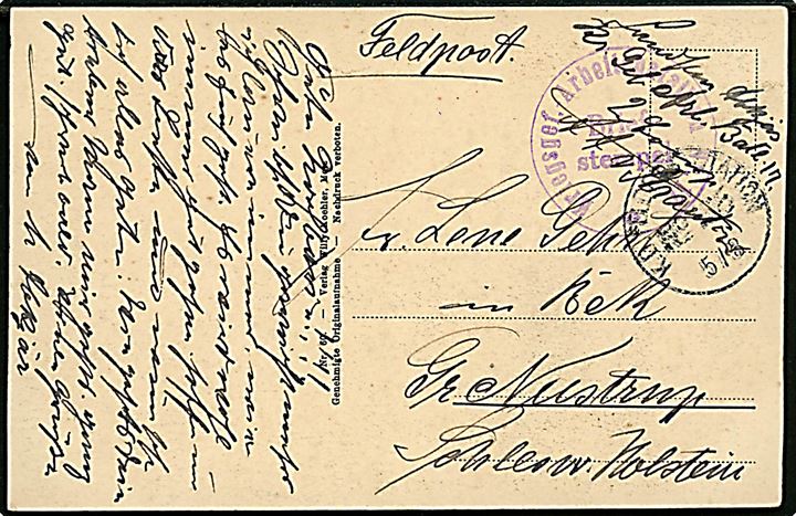 Ufrankeret feltpostkort fra sønderjyde i Kriegsgef. Arbeitsbataillon Nr. 17 med feltpoststempel d. 5.3.191? til Bek pr. Gr. Nustrup i Nordslesvig.