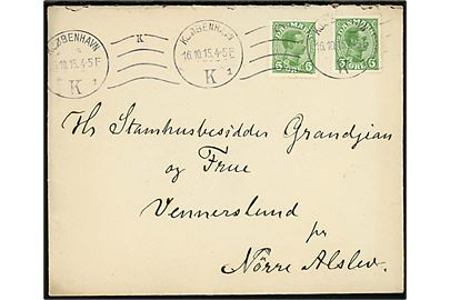 5 øre Chr. X (2) på fortrykt kuvert med indhold fra maleren OTTO BACHE i Kjøbenhavn d. 16.10.1915 til Stamhusbesidder Grandjean på Vennerslund pr. Nørre Alslev. Underskrevet Otto Bache.