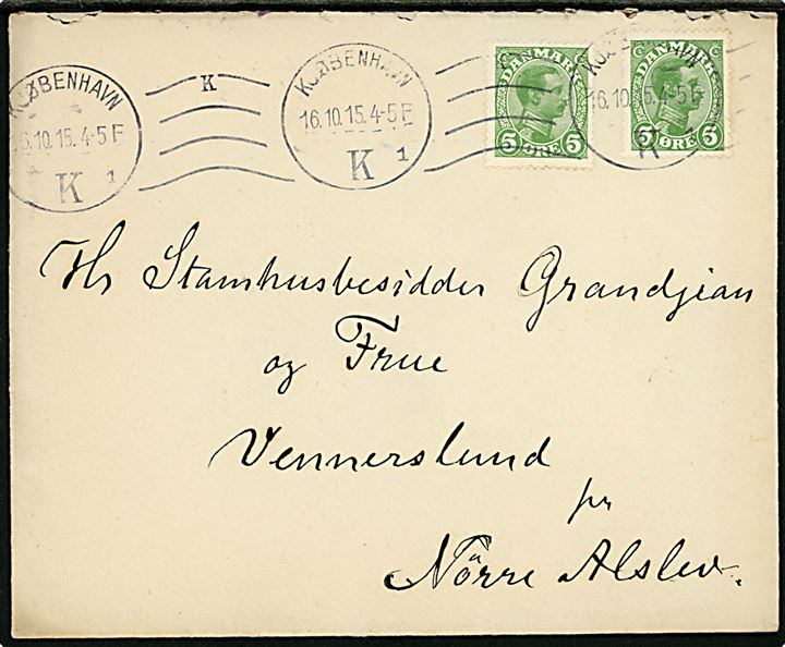 5 øre Chr. X (2) på fortrykt kuvert med indhold fra maleren OTTO BACHE i Kjøbenhavn d. 16.10.1915 til Stamhusbesidder Grandjean på Vennerslund pr. Nørre Alslev. Underskrevet Otto Bache.