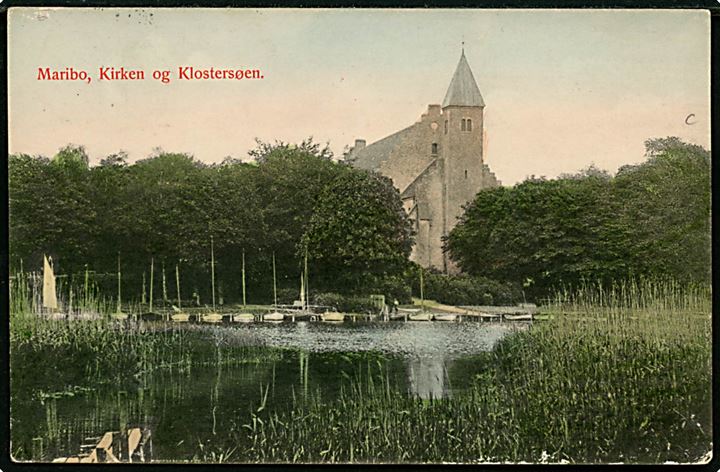 1 øre Bølgelinie i vandret 5-stribe på brevkort (Maribo kirke) fra Maribo d. 24.2.1909 til København.