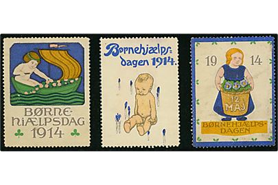 Børnehjælpsdagen 1914. 3 forskellige mærkater. 