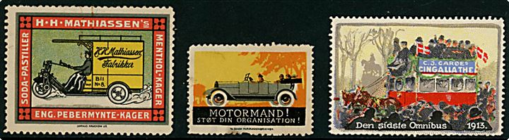 Transport. Automobil, 3-hjulet varevogn og den sidste omnibus 1913. 3 mærkater.