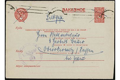 Russisk 60 kop. helsagskuvert anvendt som tysk feltpost fra soldat ved feldpost 03009 (= Regimentsstab Infanterie-Regiment 267) ca. 1942 til Zittau, Tyskland. Svagt Briefstempel fra feldpost nr. 42379 (= Bahnhofskommandantur 340).