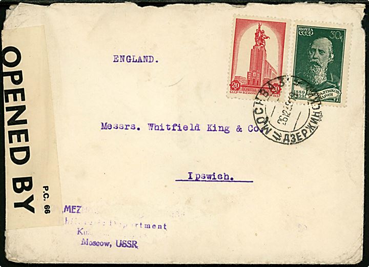 20 kop. og 30 kop. på brev fra Moskva d. 26.12.1939 til Ipswich, England. Åbnet af tidlig britisk censur PC66/2083.